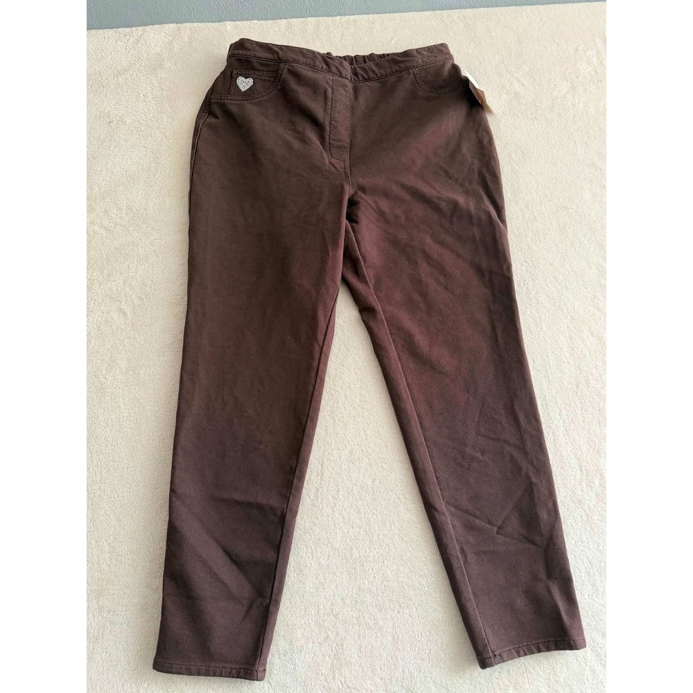 New Quacker Factory Lg Brown Knit Pull On Pants Heart Rhinestone Straight Leg
